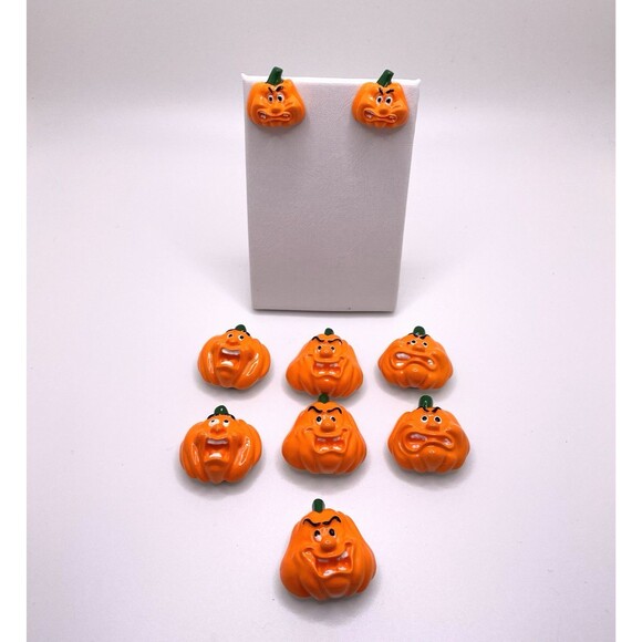 Halloween Jack-O-Lantern Button Covers w/ Matching Stud Earrings Orange - Picture 1 of 9
